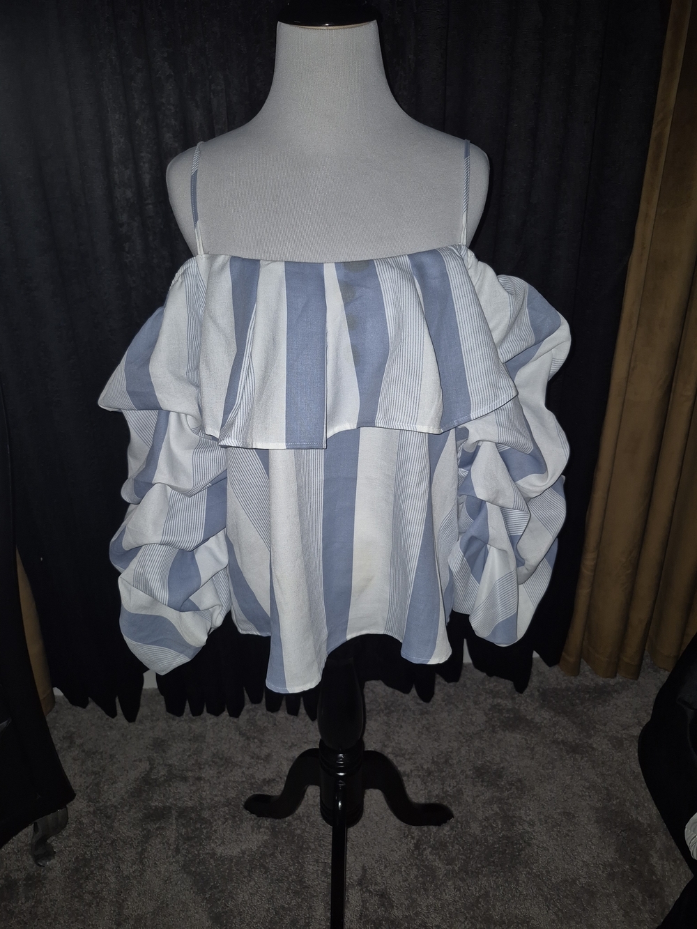 Striped Off-Shoulder Ruffle Women's Top - Blue & White